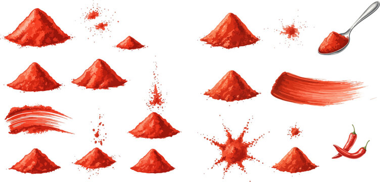 Set of red chili powder piles, splashes, and brush strokes, with a spoon and chili peppers, isolated on white background.