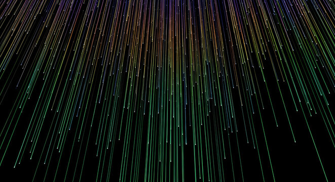Colorful Streaks of Light: A vibrant abstract composition featuring streaks of light in various colors descending from top to bottom against a dark background, creating a sense of movement and energy.