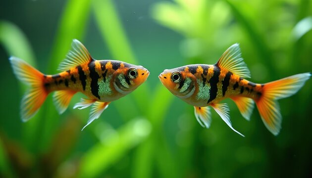 Two colorful tiger barbs swim closely in aquarium, facing each other. Green aquatic plants create blurred background. These freshwater pets explore underwater life, highlighting community.