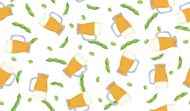 枝豆とビールジョッキのシームレスパターン素材 夏・居酒屋・ビアガーデン向け背景 / Seamless pattern with beer mug and edamame, summer izakaya beer garden background