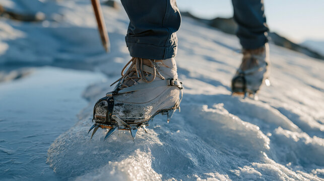 Close-up of glacier hiking crampons biting into blue glacial ice at the edge of a meltwater pool, ice axe shaft visible at frame edge, crampon spikes gleaming, mountaineering equipment texture detai