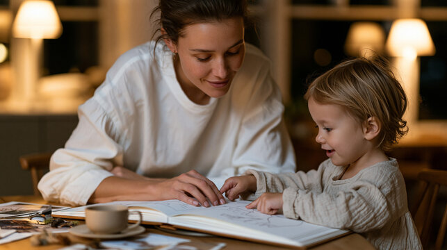 Adoptive mother pressing a small child's first drawings into a keepsake album at a kitchen table, photos and mementos arranged around a cup of tea, the child watching and pointing at each page with 