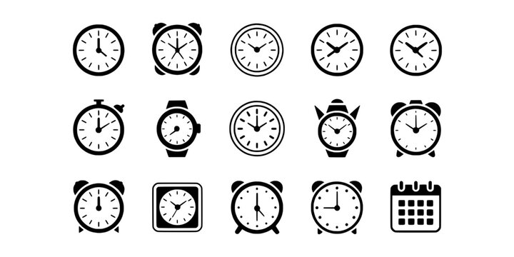Clocks set with various designs and styles including analog and digital formats featuring time, watch, alarm with wristwatch and wall clock elements