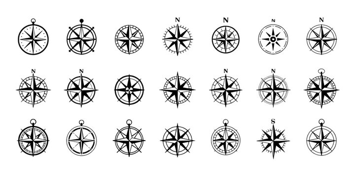 Compass navigation icons set with nautical rose wind directions and starburst rays, isolated on clean white background for travel