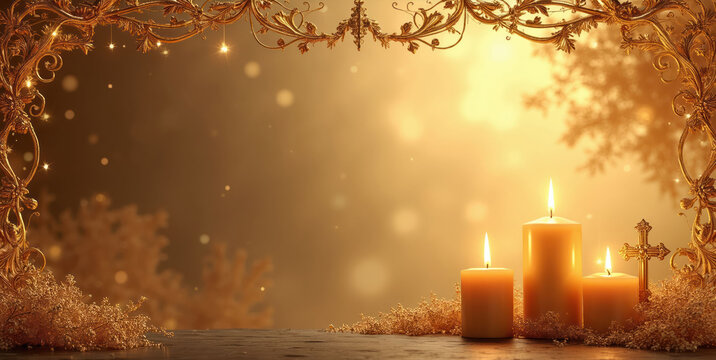 Ornate golden frame surrounds three lit candles and small cross on dark surface. Soft bokeh lights and floral elements add warm elegant atmosphere. Ideal for religious holidays and celebrations.