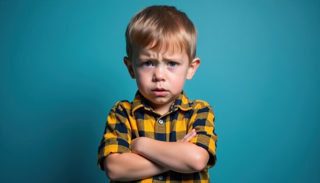 Upset child with crossed arms stares at camera. Young boy with serious expression, furrowed brow and pouty lips, wears yellow plaid shirt. He looks unhappy and stubborn against blue studio backdrop.
