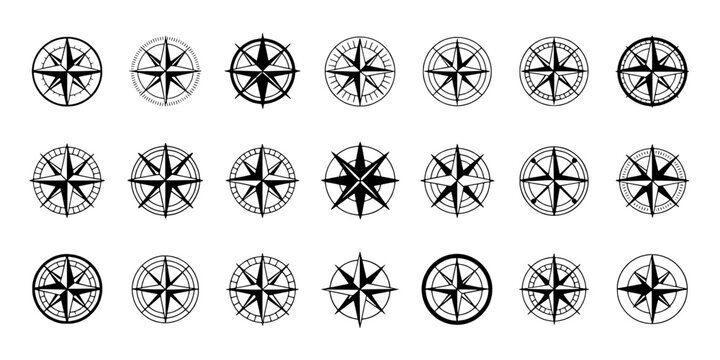 Compasses set with various designs and styles for navigation and orientation featuring compass, direction, map with travel and exploration elements