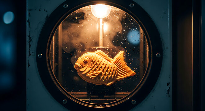 a single, perfect taiyaki fresh off the iron, its fish-scale pattern crisp and golden, steam rising, isolated in the circular window of a vintage taiyaki-ki (grill machine)