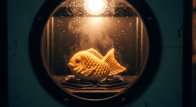 a single, perfect taiyaki fresh off the iron, its fish-scale pattern crisp and golden, steam rising, isolated in the circular window of a vintage taiyaki-ki (grill machine)
