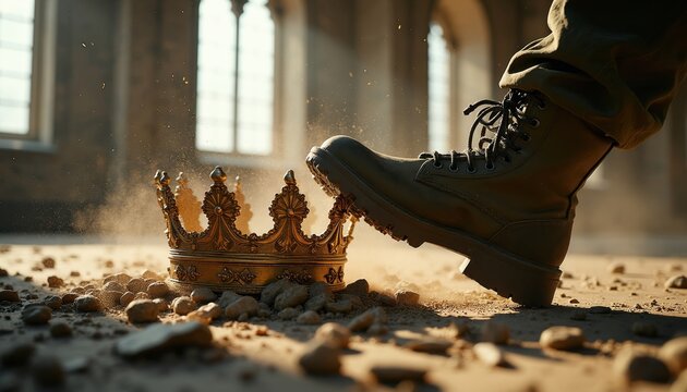 Military boot crushes golden crown symbol. Symbol of power destruction over royalty. End of monarchy defeat of king. Grunge texture dusty ground.