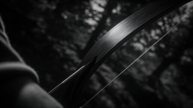 Close up of a bow and arrow with natural environment backdrop in monochrome