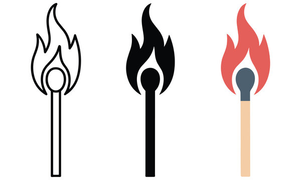 Three distinct styles of a burning matchstick icon displayed in a clean graphic design layout for versatile creative project usage