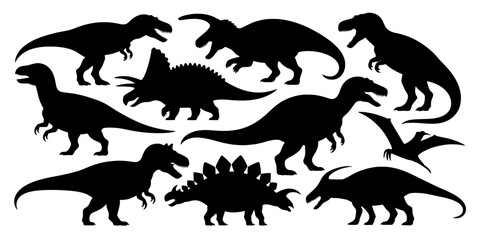 Obraz premium Dinosaur silhouette set with roaring prehistoric creatures in bold vector style for educational posters and icons