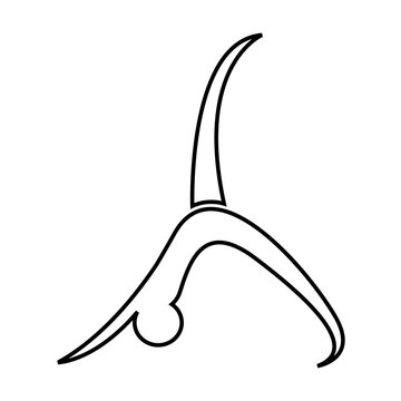 Outline style of a person balancing upside down with one leg extended straight up. Related to vertical alignment, inversion balance, peak physical control, contemporary dance groups, yoga inversion
