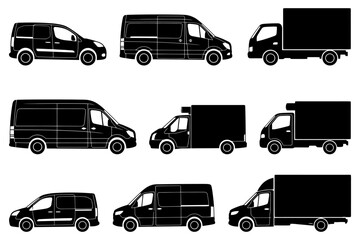 Obraz premium Collection of black silhouette delivery vans and trucks in various styles.