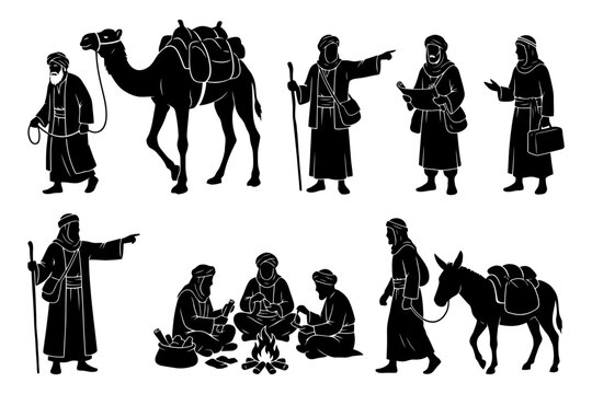 Silhouettes of middle eastern traders and nomads with camels and donkeys.