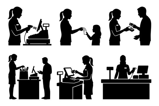 Silhouettes of retail transactions with diverse interactions and technology.