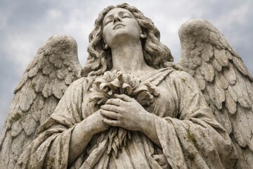 Fototapeta premium Serene stone angel statue, a classic religious sculpture with wings and flowers. Elegant memorial art, a symbol of peace and remembrance, perfect for spiritual and historical themes.