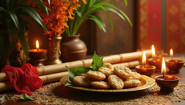 Assamese New Year food spread with traditional sweets, bamboo, red cloth, and lit diyas. Spring harvest offerings with floral decorations and candles create festive ambiance for celebration.