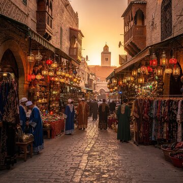 Traditional moroccan souk street filled with hanging lanterns and merchants wearing classic djellabas captured in this warm golden hour photograph showing the bustling atmosphere of an authentic ancie