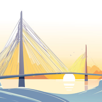 Modern cable stayed bridge over water during sunset vector illustration
