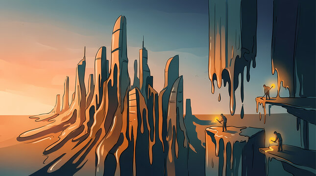Explorers discover a melting futuristic city at sunset, with organic architecture and glowing structures in an alien landscape.