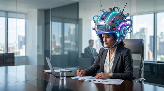 Businesswoman wearing a glowing futuristic helmet at a conference table, illustrating brainstorming and corporate innovation strategy.