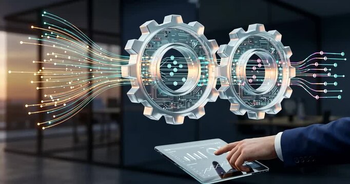 A glass gears process flowing data while hand uses tablet in office, AI automation in business workflows system tech