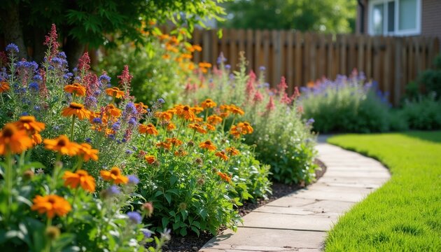 Lush garden path curves by vibrant native flowers and green grass. Orange coneflowers, blue salvia, and pink foxgloves attract bees and butterflies. A wooden fence borders the backyard.