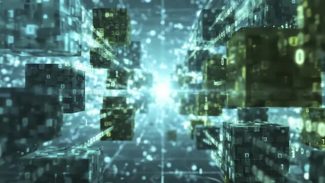 4K Abstract Data Cubes Animation Flowing Through Digital Tunnel for Business Presentation