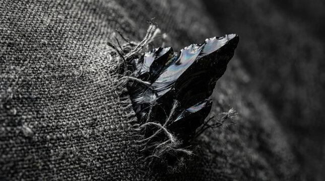 Macro close-up of a sharp black obsidian arrowhead piercing through rough dark woven canvas fabric
