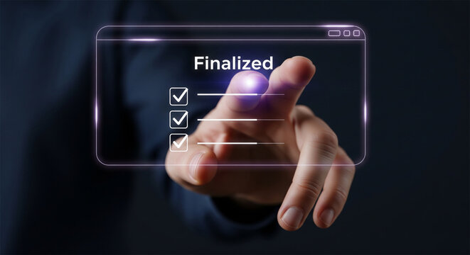 Finalized digital checklist on virtual screen, businessman touching completed task list, futuristic glowing interface for project management