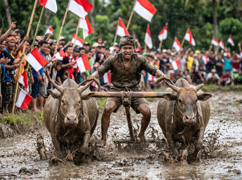 An Indonesian jockey holds on to two buffaloes as they race through a muddy rice field during the traditional Independence Day Pacu Jawi contest.