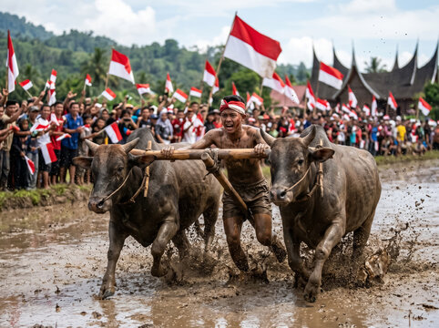An Indonesian jockey holds on to two buffaloes as they race through a muddy rice field during the traditional Independence Day Pacu Jawi contest.