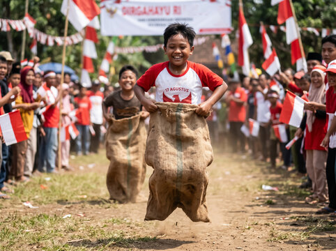 Joyful Indonesian boy jumping in a traditional sack race during 17 August Independence Day celebrations, cheered by a festive crowd with flags.