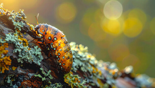 Close up of a vibrant beetle resting on a textured branch outdoors