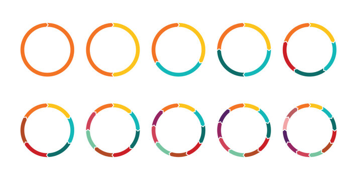 Colorful circular infographic chart collection. Modern progress ring diagram set. Abstract business analytics pie circle elements. Creative multicolor data visualization template