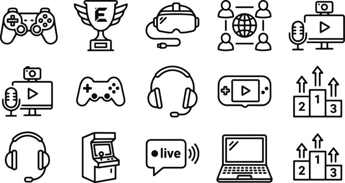 Streamline gaming, online streaming, and social media icons, black line art