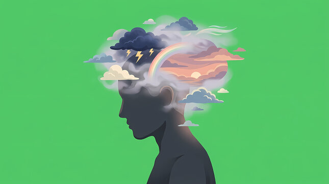 A silhouette of a human head filled with diverse weather patterns and sky scenes, symbolizing complex emotions and mental states on a green background.