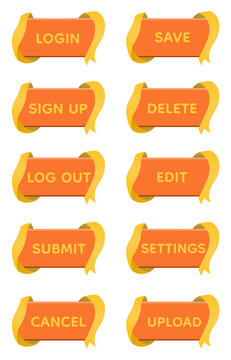 Luxury Orange Yellow Ribbon Web UI Button Collection with Futuristic Curved Ribbon Frame, Modern Application Interface Elements, Login Sign Up Save Upload Settings Buttons Set, Transparent Background 
