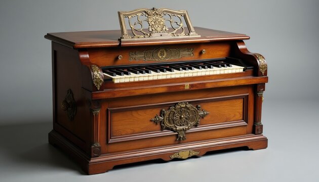 Antique wooden harmonium with ornate brass details sits in studio light. Instrument has detailed carvings, ivory keys, and a brass music stand for sheet music.