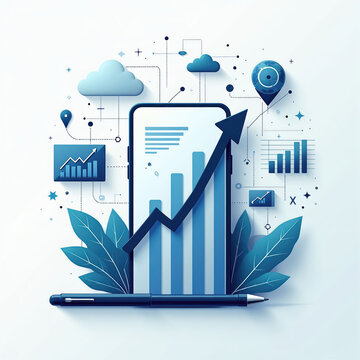 Business growth chart on phone screen with data analytics graphs and cloud icons. Digital marketing strategy, financial planning, mobile app interface, business concept.