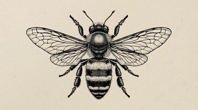 Vintage honey bee illustration in engraving style. Detailed hand drawn sketch of a bumblebee on textured parchment background
