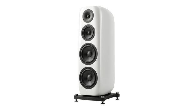 Modern white floor-standing speaker, high-end hifi audio equipment with multiple drivers, premium home theater loudspeaker on white background