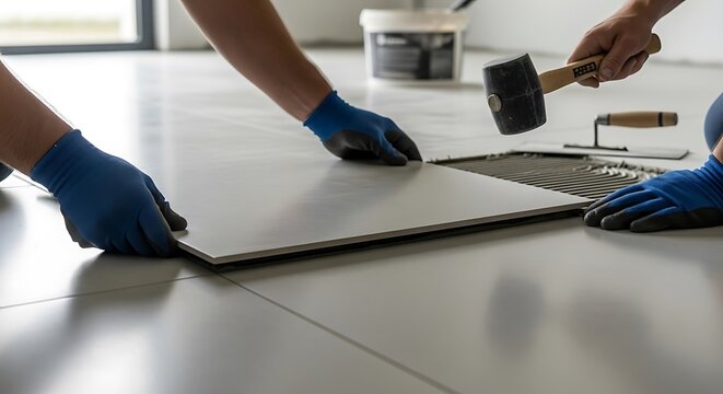 Two Professional Workers Installing Large Format Ceramic Floor Tiles