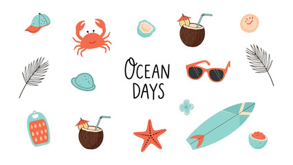 Obraz premium Ocean Days Summer Collection: A whimsical arrangement of beach-themed illustrations featuring a crab, coconuts, sunglasses, a surfboard, starfish, and seashells.