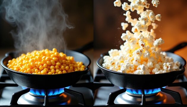 Corn kernels pop into fluffy white popcorn in black cast iron pan on gas stove. Steam rises from unpopped corn. Snack preparation in kitchen. Homemade food process.