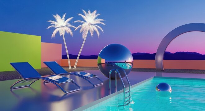 Modern poolside scene with palm trees and reflective sphere in vibrant colors