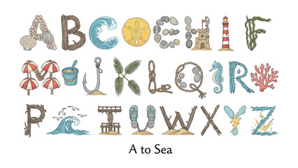 Alphabetical Ocean Adventure: An imaginative ABC alphabet crafted from charming seaside elements, featuring shells, waves, sand dollars, lighthouses, sandcastles, and coral. © Maira