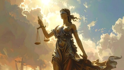Obraz premium Dramatic Blindfolded Lady Justice Holding Scales Beneath Glowing Cloudy Sky